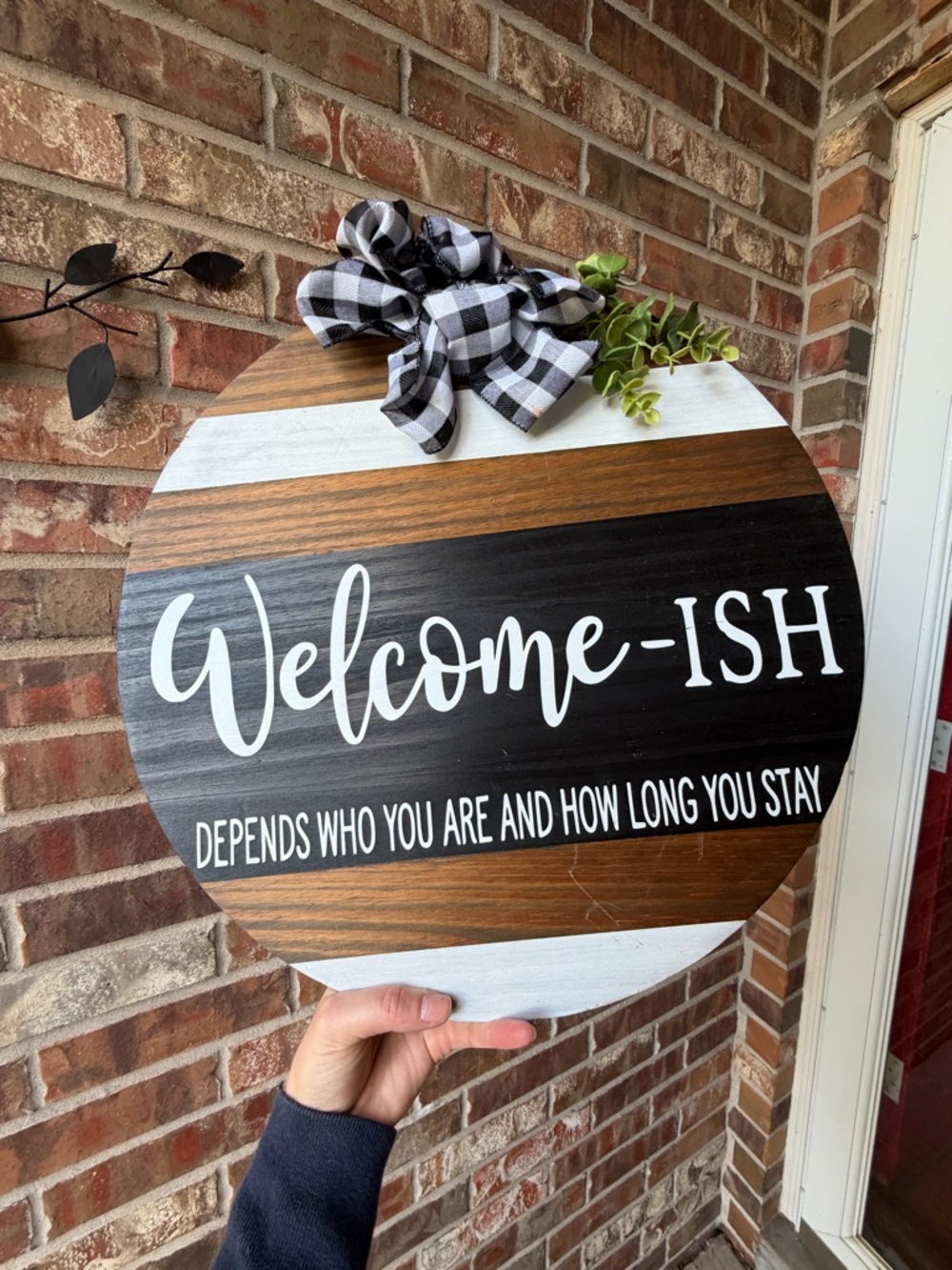 Welcome-ish Round Wooden Door Sign - Black, White & Wood Tones